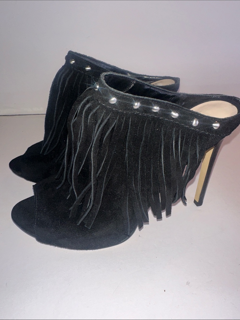 Guess Ara Black Suede Fringe High Heel Mules